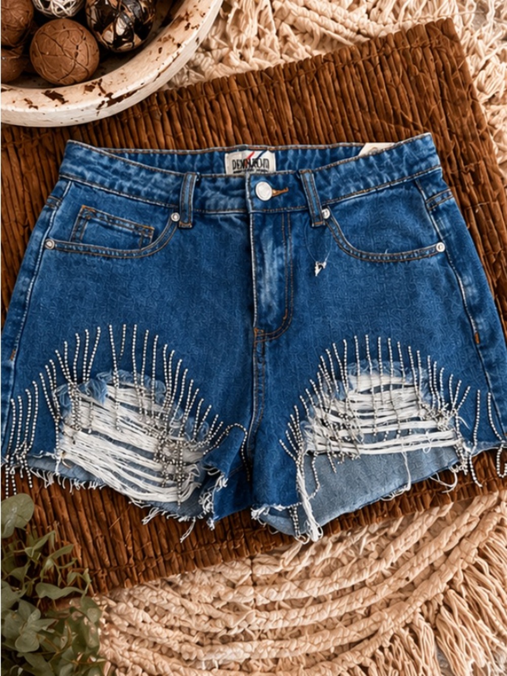 Denim Blue Distressed Shorts with Rhinestone Detail